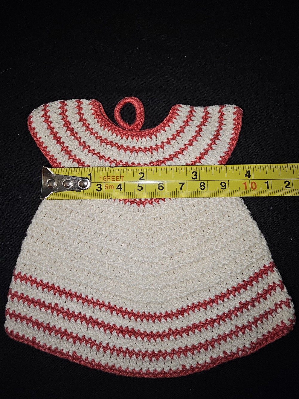 Handmade Cream and Red Crochet Dress Pot Holder - Picture 4 of 5